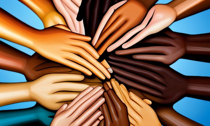 Image of diverse hands joined together, representing unity and the fight for freedom and justice.