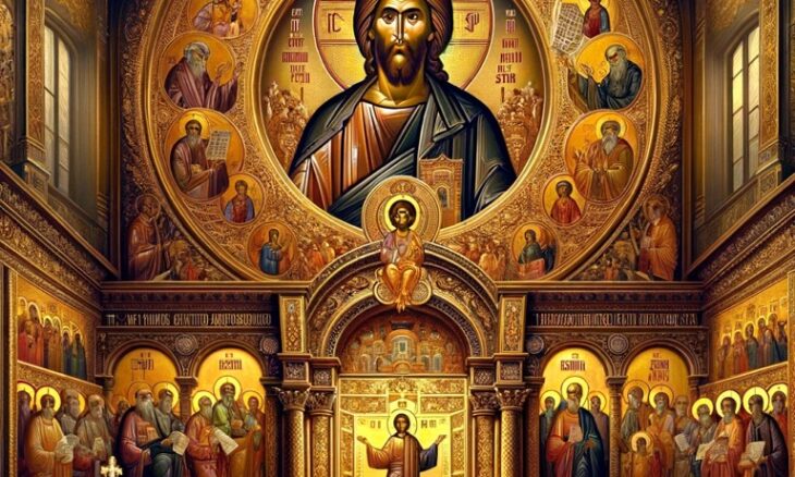 A symbolic depiction of Eastern Orthodox Christology in an ornate church interior, featuring a central icon of Jesus Christ and surrounding figures from early church history."